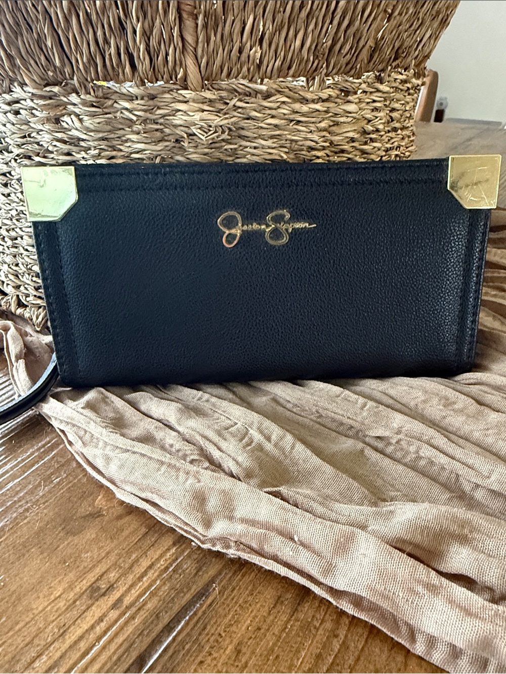 Jessica Simpson Black Wristlet Clutch with Gold Corner Hardware